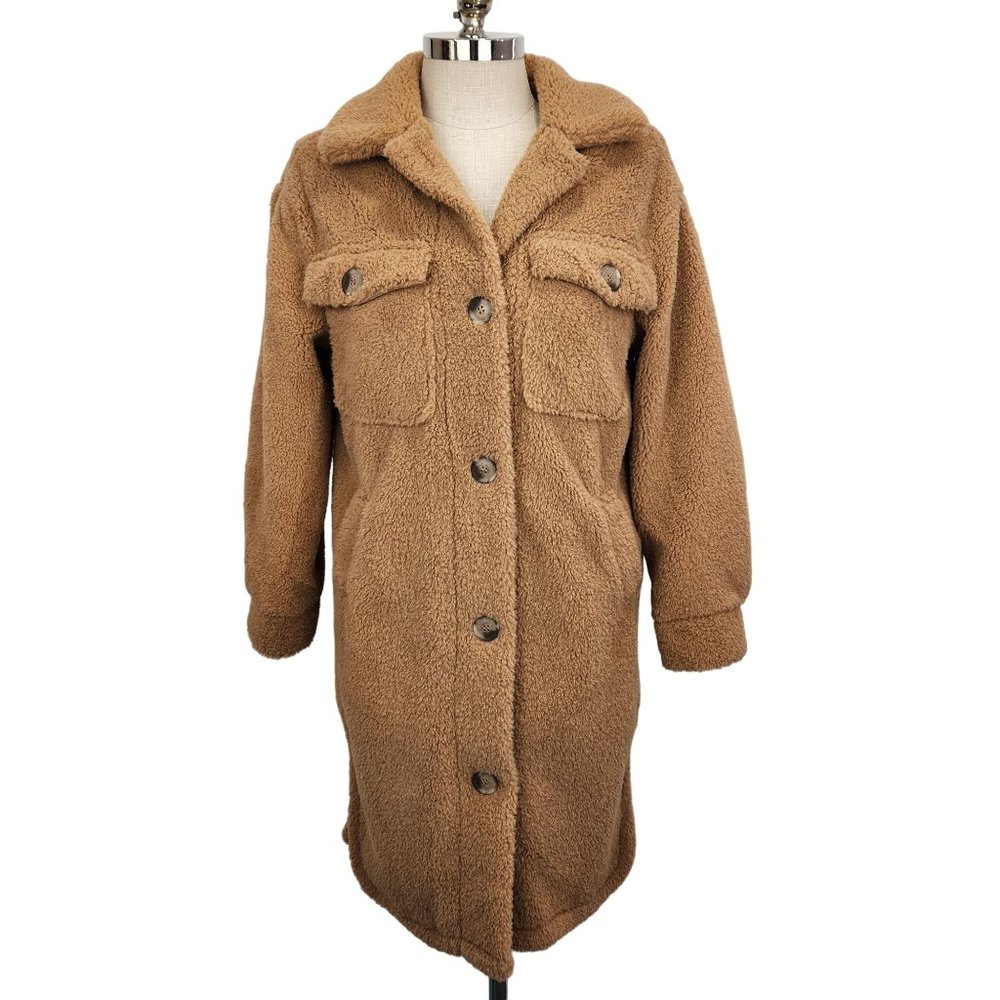 SOLD-C&C California Sherpa Shacket NWT Womens Size S Long Button Front Brown - Picture 1 of 13